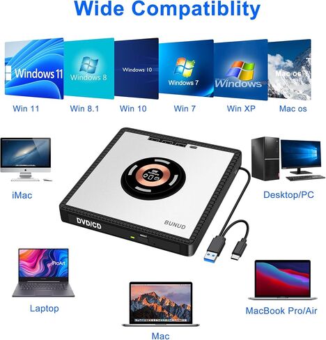 BUNUD External CD/DVD Drive for Laptop with Wireless Charger, Plug & Play in Saudi Arabia