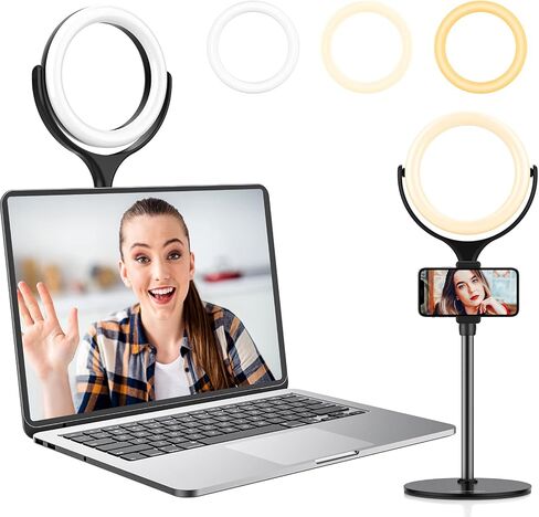 مجموعة إضاءة مؤتمرات الفيديو، مصباح حلقة مكتب Anozer للكمبيوتر المحمول Mac، مصابيح وجه دائرية مع 3 ألوان قابلة للتعتيم و10 سطوع لمكالمات اجتماع التكبير، والبث المباشر، والدردشة عبر كاميرا الويب، والمكياج in Kuwait