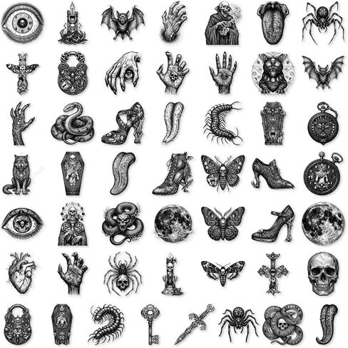 50Pcs Black Vintage Gothic Stickers, Dark Spooky Skull Witchy Decorative Stickers for Journal Scrapbooking Skateboard Luggage Laptop Water Bottle Halloween Gifts, Waterproof PET Transparent Decals in Saudi Arabia