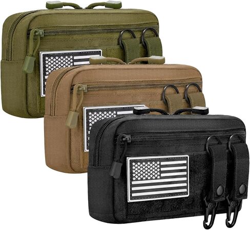 3-Pack Tactical Molle Pouch Set - Black/Tan/Green EDC Pouches with 6 Keychains & 3 US Flag Patches, 1000D Nylon for Outdoor, Duty Belt Accessories in Kuwait