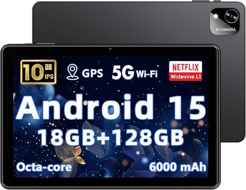10.1 Inch Android 15 Tablet with Gemini AI, 18GB RAM 128GB ROM (1TB Expandable), Octa-Core Processor, 1280x800 IPS HD Display, 6000mAh Battery, WiFi 6, Dual 5MP/8MP Camera, Widevine L1, Black in Kuwait