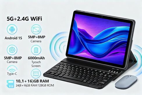 10.1 Inch Android 15 Tablet with Gemini AI, 18GB RAM 128GB ROM (1TB Expandable), Octa-Core Processor, 1280x800 IPS HD Display, 6000mAh Battery, WiFi 6, Dual 5MP/8MP Camera, Widevine L1, Black in Kuwait