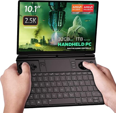 GPD Win Max 2 Handheld Gaming PC, 10.1-Inch Touchscreen, AMD Ryzen, Gaming Controls, Backlit Keyboard, OCuLink Port - 2025 Edition (Ryzen AI 9 HX 370), 32GB RAM / 2TB SSD, Matte Black in Kuwait