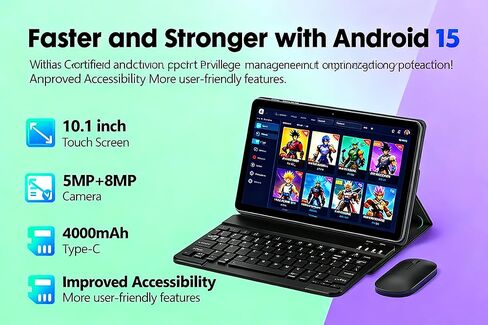 10.1 Inch Android 15 Tablet with Gemini AI, 18GB RAM 128GB ROM (1TB Expandable), Octa-Core Processor, 1280x800 IPS HD Display, 6000mAh Battery, WiFi 6, Dual 5MP/8MP Camera, Widevine L1, Black in Kuwait
