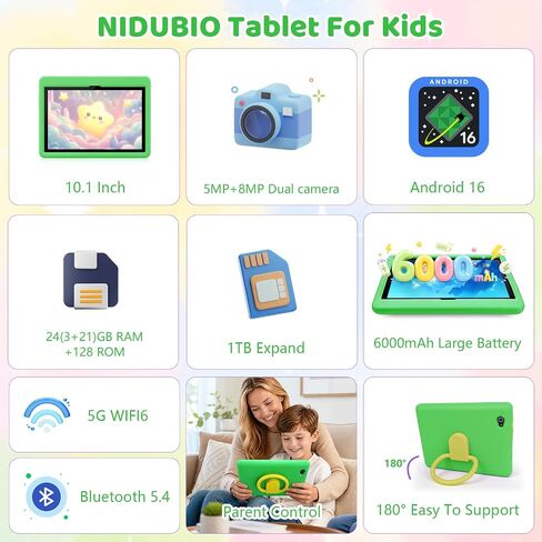 Kids Tablet 10.1 Inch Android 16 Tablet for Kids, 24GB RAM 128GB ROM 1TB Expand, 6000mAh Battery, Parental Control, UKIDOZ Kids Space, Widevine L1, BT5.4, Dual Camera Tablet with Case-Green in Kuwait