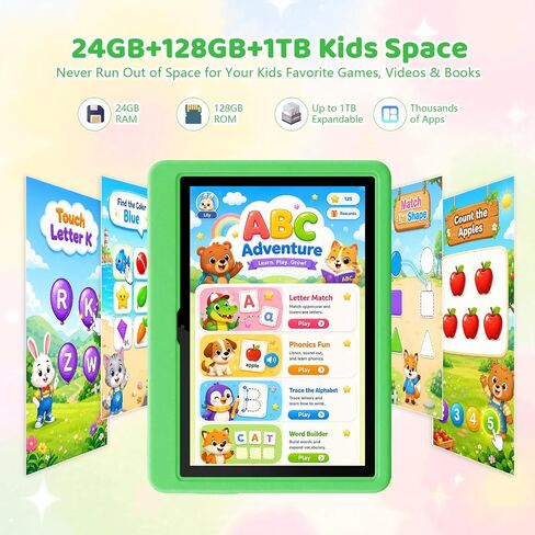 Kids Tablet 10.1 Inch Android 16 Tablet for Kids, 24GB RAM 128GB ROM 1TB Expand, 6000mAh Battery, Parental Control, UKIDOZ Kids Space, Widevine L1, BT5.4, Dual Camera Tablet with Case-Green in Kuwait