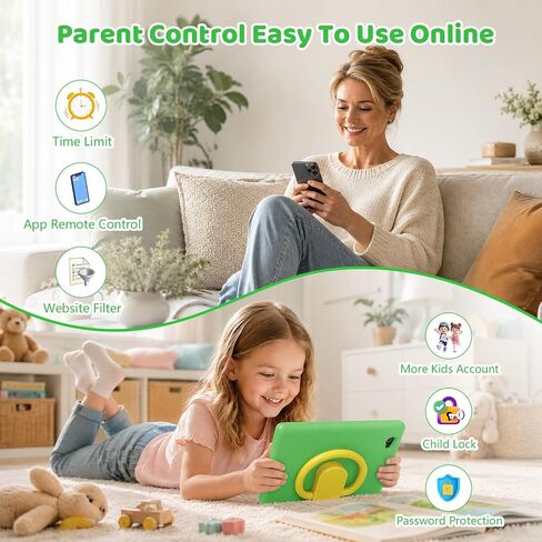 Kids Tablet 10.1 Inch Android 16 Tablet for Kids, 24GB RAM 128GB ROM 1TB Expand, 6000mAh Battery, Parental Control, UKIDOZ Kids Space, Widevine L1, BT5.4, Dual Camera Tablet with Case-Green in Kuwait