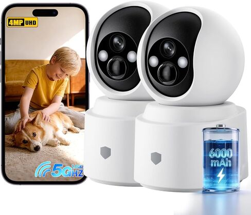 Noonkey 2-Pack 4MP كاميرا أمان تعمل بالبطارية قابلة لإعادة الشحن داخلية، 5G/2.4G WiFi 6، كاميرا منزلية PTZ لاسلكية مع كشف حركة AI، رؤية ليلية ملونة، صوت ثنائي الاتجاه، Alexa، مراقبة الحيوانات الأليفة/الطفل in Kuwait