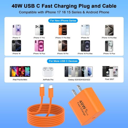 iPhone 17 16 15 Charger Fast Charging, 40W USB C Charger Block and Cable in Kuwait