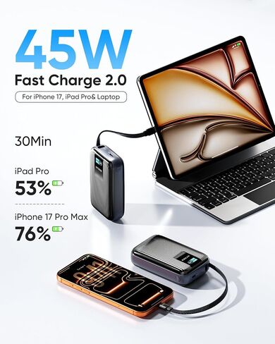 Kuulaa 45W Power Bank, 20000mAh Portable Charger with Built-in USB-C Cable, External Battery with Fast Charging, External Battery with Digital Display for iPhone 16/15 Pro Max, MacBook, Galaxy S25 in Kuwait