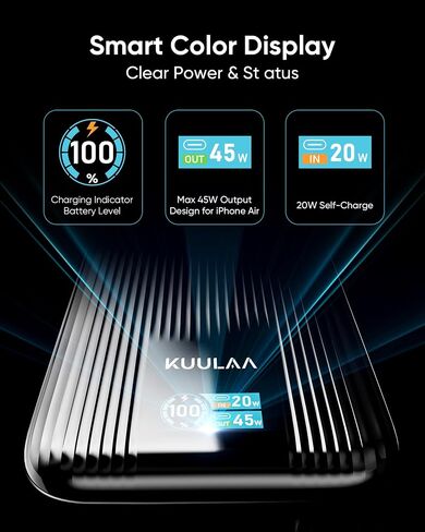 Kuulaa 45W Power Bank, 20000mAh Portable Charger with Built-in USB-C Cable, External Battery with Fast Charging, External Battery with Digital Display for iPhone 16/15 Pro Max, MacBook, Galaxy S25 in Kuwait