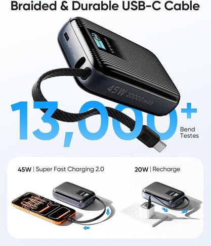 Kuulaa 45W Power Bank, 20000mAh Portable Charger with Built-in USB-C Cable, External Battery with Fast Charging, External Battery with Digital Display for iPhone 16/15 Pro Max, MacBook, Galaxy S25 in Kuwait