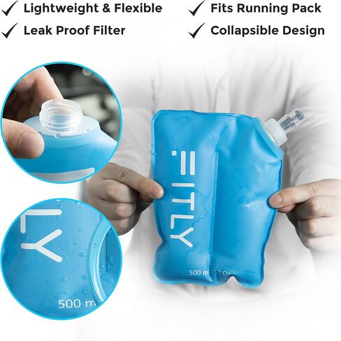 FITLY Soft Flask - Collapsible Water Bottle with Hydration Tube - Shrinks As You Drink Portable Water Bladder for Running Vest Hydration Pack, Hiking, Backpacking & Cycling - 17oz (FLASK500ml) in Saudi Arabia