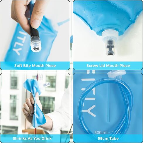 FITLY Soft Flask - Collapsible Water Bottle with Hydration Tube - Shrinks As You Drink Portable Water Bladder for Running Vest Hydration Pack, Hiking, Backpacking & Cycling - 17oz (FLASK500ml) in Saudi Arabia