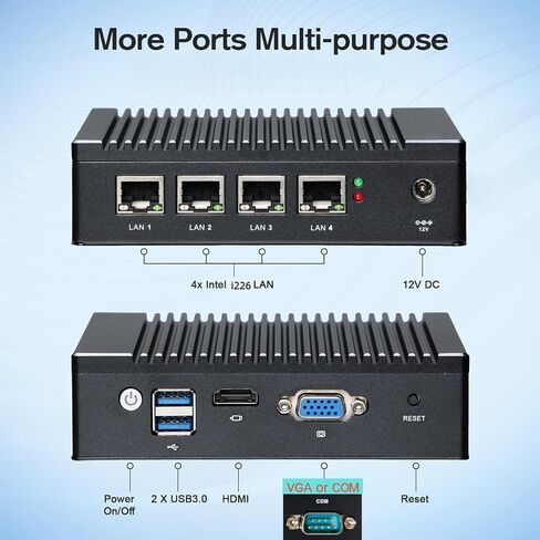 Fanless Firewall Appliance Intel J3710 4C/4T, Firewall Mini PC 4 x Intel i226 LAN Ports DDR3 mSATA SSD, Network Gateway Soft Router, Support PF-Sense/OPN-Sense AES NI HD/ (Black) in Kuwait