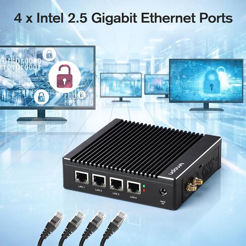 Fanless Firewall Appliance Intel J3710 4C/4T, Firewall Mini PC 4 x Intel i226 LAN Ports DDR3 mSATA SSD, Network Gateway Soft Router, Support PF-Sense/OPN-Sense AES NI HD/ (Black) in Kuwait