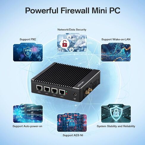 Fanless Firewall Appliance Intel J3710 4C/4T, Firewall Mini PC 4 x Intel i226 LAN Ports DDR3 mSATA SSD, Network Gateway Soft Router, Support PF-Sense/OPN-Sense AES NI HD/ (Black) in Kuwait