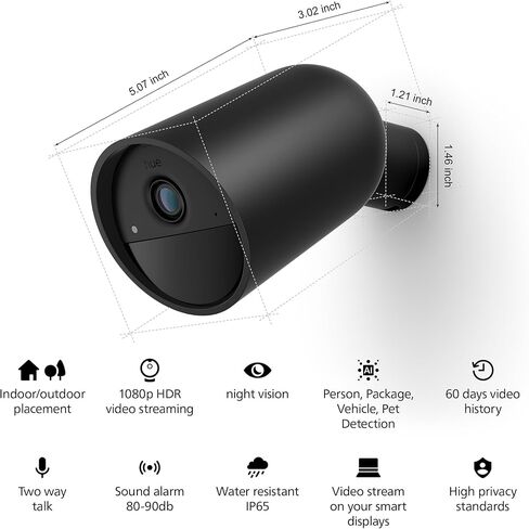 Philips Hue Secure Battery Camera 1-Pack, 1080P Resolution, Monitoring, Notifications, Seamless Integration, Rechargeable, Indoor and Outdoor, Black, Free 24-Hour History in Saudi Arabia