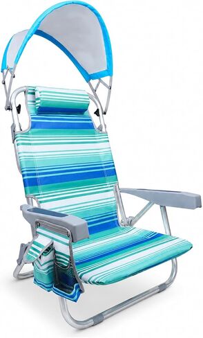 Rainbow Striped Portable Beach Chair with Canopy for Adults,Lay Flat Folding Beach Chair Reclining with with 5 Positions,Low Backpack Beach Chair with Cup Holder,Zipper Pouch,Towel Bar in Kuwait