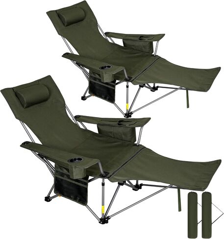 Reclining Camping Chair with Removable Footrest, 4-Position Adjustable Folding Lounge Chair, Breathable Mesh Back, 4-Can Cooler Bag, Pillow & Cup Holder, Supports 300 LBS,Black in Kuwait