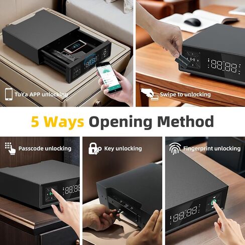 Biometric Gun Safe with LED Clock,Quick Entry Gun Safe,Safe Boxes that can be unlocked with Fingerprints,Passwords,APP,Cards,Drawer Safe Boxes for Home Nightstands (4-digit keypad code) in Kuwait