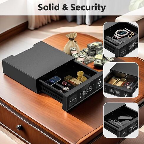Biometric Gun Safe with LED Clock,Quick Entry Gun Safe,Safe Boxes that can be unlocked with Fingerprints,Passwords,APP,Cards,Drawer Safe Boxes for Home Nightstands (4-digit keypad code) in Kuwait