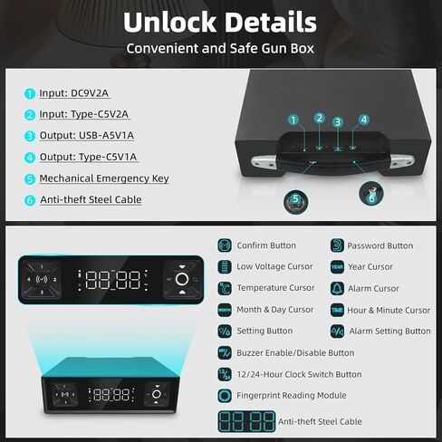 Biometric Gun Safe with LED Clock,Quick Entry Gun Safe,Safe Boxes that can be unlocked with Fingerprints,Passwords,APP,Cards,Drawer Safe Boxes for Home Nightstands (4-digit keypad code) in Kuwait