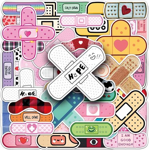 Band Aid Stickers 50 Pcs Waterproof Cute Trendy Bandages Sticker for Water Bottle Laptop Skateboard Bumper Snowboard Car Luggage Motorcycle,Vinyl Cartoon Funny Sticker for Adults Boys Teens in Kuwait