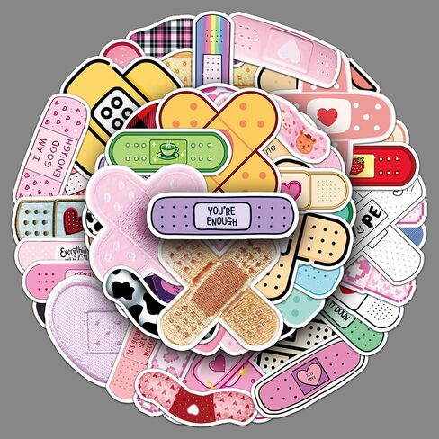Band Aid Stickers 50 Pcs Waterproof Cute Trendy Bandages Sticker for Water Bottle Laptop Skateboard Bumper Snowboard Car Luggage Motorcycle,Vinyl Cartoon Funny Sticker for Adults Boys Teens in Kuwait