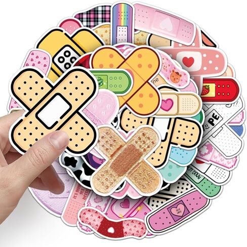 Band Aid Stickers 50 Pcs Waterproof Cute Trendy Bandages Sticker for Water Bottle Laptop Skateboard Bumper Snowboard Car Luggage Motorcycle,Vinyl Cartoon Funny Sticker for Adults Boys Teens in Kuwait