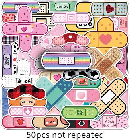 Band Aid Stickers 50 Pcs Waterproof Cute Trendy Bandages Sticker for Water Bottle Laptop Skateboard Bumper Snowboard Car Luggage Motorcycle,Vinyl Cartoon Funny Sticker for Adults Boys Teens in Kuwait