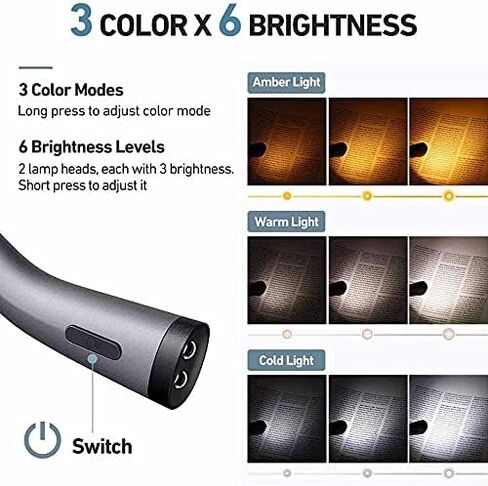 4LED Portable Neck Book Light USB C Rechargeable Reading Lamp with 6 Colors and 6 Brightness up to 80 Hours Working in Kuwait