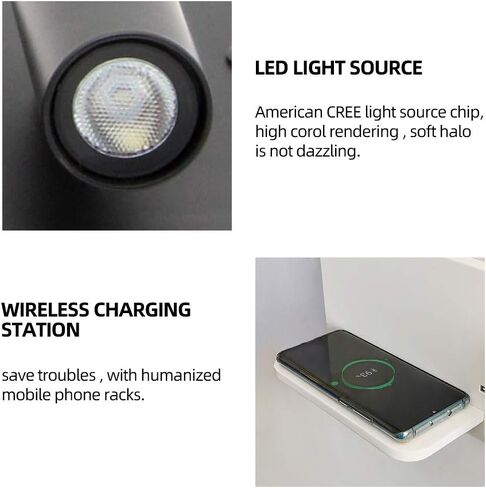 Bedroom Phone Wireless Charger Shelf Wall Lights Hotel Bedside Headboard Led Reading Lighting USB Luminaire Lamp Backlit (Color Temperature: Warm White Size: Brow) in Kuwait
