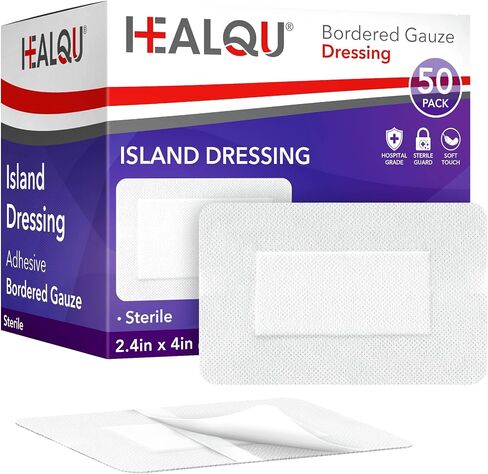 HEALQU Bordered Gauze Island Dressing - 50 Count, 2.4"x4" Sterile Individually Wrapped Gauze Pads with Water-Resistant, Non-Woven Backing - Soft and Breathable Wound Dressing for First Aid & Medical in Saudi Arabia