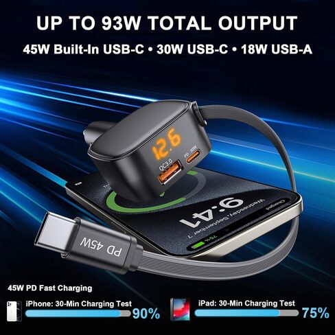 شاحن سيارة قابل للسحب بقدرة 93 وات، شاحن سيارة USB C شحن سريع مع PD PPS & QC 3.0، محول ولاعة سجائر متعدد المنافذ مع الفولتميتر لهاتف iPhone 17 16 15 Pro Max وSamsung S26/S25 iPad Pixel in Kuwait