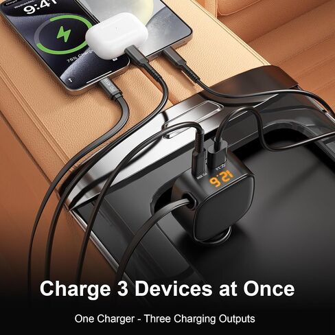 شاحن سيارة قابل للسحب بقدرة 93 وات، شاحن سيارة USB C شحن سريع مع PD PPS & QC 3.0، محول ولاعة سجائر متعدد المنافذ مع الفولتميتر لهاتف iPhone 17 16 15 Pro Max وSamsung S26/S25 iPad Pixel in Kuwait