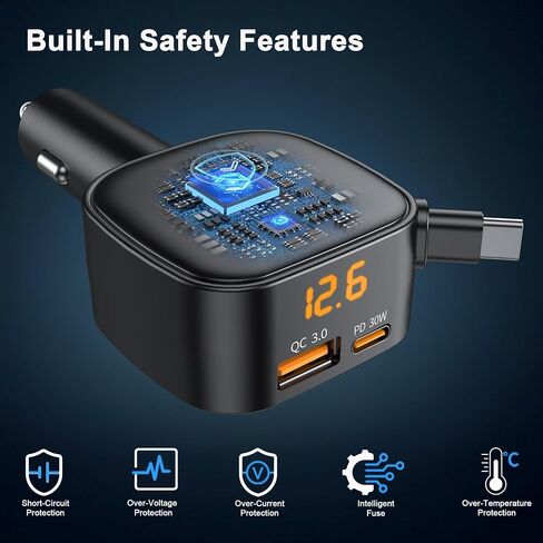 شاحن سيارة قابل للسحب بقدرة 93 وات، شاحن سيارة USB C شحن سريع مع PD PPS & QC 3.0، محول ولاعة سجائر متعدد المنافذ مع الفولتميتر لهاتف iPhone 17 16 15 Pro Max وSamsung S26/S25 iPad Pixel in Kuwait
