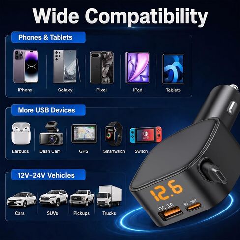شاحن سيارة قابل للسحب بقدرة 93 وات، شاحن سيارة USB C شحن سريع مع PD PPS & QC 3.0، محول ولاعة سجائر متعدد المنافذ مع الفولتميتر لهاتف iPhone 17 16 15 Pro Max وSamsung S26/S25 iPad Pixel in Kuwait