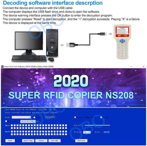 LIBO RFID Smart Card Reader Writer NFC 13.56MHz Copier 125KHz Duplicator Programmer Multi-Frequency Decoding Software USB Support with Readable Rewritable RFID Keyfobs Tags in Kuwait
