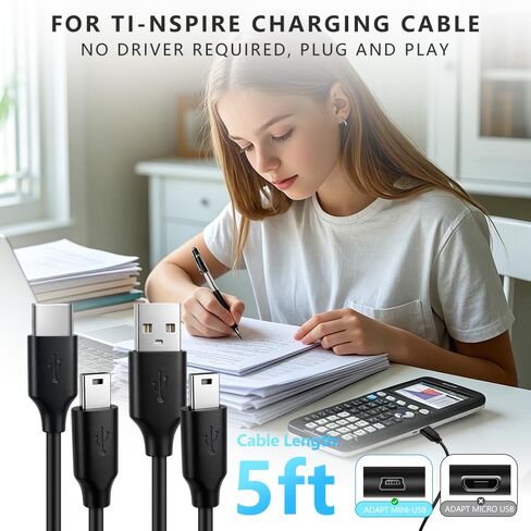 [2-Pack USB & USB C Charging Cable for Texas Instruments Calculators, TI-84 Plus CE, TI-84 Plus C Silver Edition, TI 89 Titanium, TI Nspire CX-5ft in Kuwait