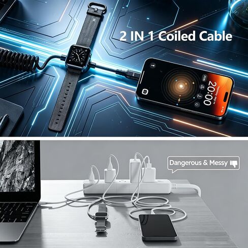 2 in 1 240W Coiled USB C Cable for Apple Watch Charger 5.9FT, USB C Charger Cable for Car Type C Fast Charging Cable for iPhone 17/16/15/Plus/Pro/Pro Max/Sam Galaxy S23 in Kuwait