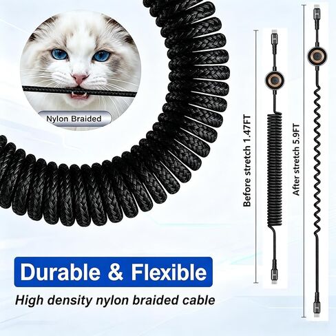 2 in 1 240W Coiled USB C Cable for Apple Watch Charger 5.9FT, USB C Charger Cable for Car Type C Fast Charging Cable for iPhone 17/16/15/Plus/Pro/Pro Max/Sam Galaxy S23 in Kuwait