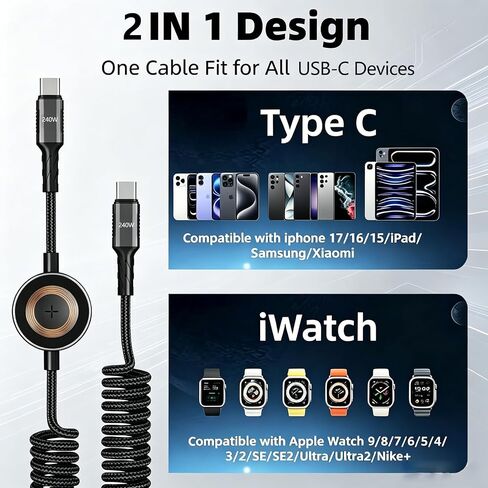 2 in 1 240W Coiled USB C Cable for Apple Watch Charger 5.9FT, USB C Charger Cable for Car Type C Fast Charging Cable for iPhone 17/16/15/Plus/Pro/Pro Max/Sam Galaxy S23 in Kuwait