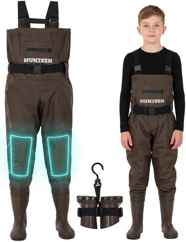HUNTSEN Chest Waders for Kids with Boots - 2-Ply Nylon Waterproof Insulated Neoprene with Reflect Safety Band - Youth Fishing Waders with Boot Hanger for Toddler Children Hunting Waders for Boys Girls in Kuwait