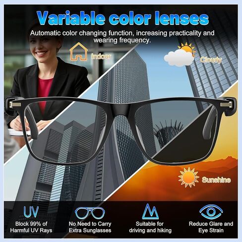 AI Translation Smart Glasses with 138 Languages, Bluetooth Glasses Compatible with ChatGPT, Photochromic Lens with Open-Ear Speakers for Men Women, for Travel, Business, Driving in Kuwait