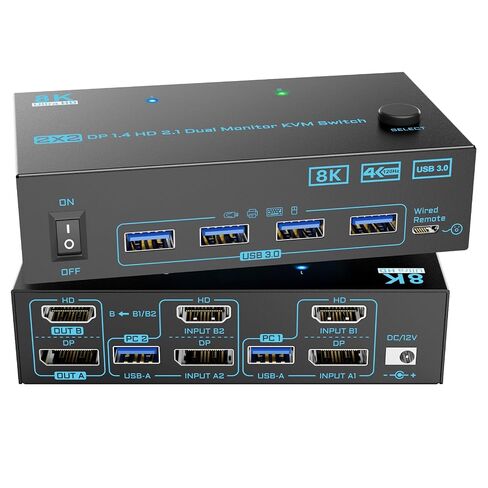 8K Displayport 1.4 + HDMI 2.1 Dual Monitor KVM Switch 2 Monitors 2 Computers 2 in 2 Out 2 Ports KVM Switches Max Support 8K@60Hz/4K@144Hz for 2 PCs Share 2 Screens and 4 USB 3.0 Devices in Saudi Arabia