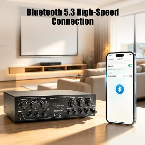 STUDIOFINIX Bluetooth 5.3 Home Amplifier System - 6 Channel 750W Peak Receiver with FM Radio, USB/SD, 2 Mic w/Echo & Talkover, Dual AUX, Headphone, Subwoofer Out for Home Theater Karaoke PA in Kuwait