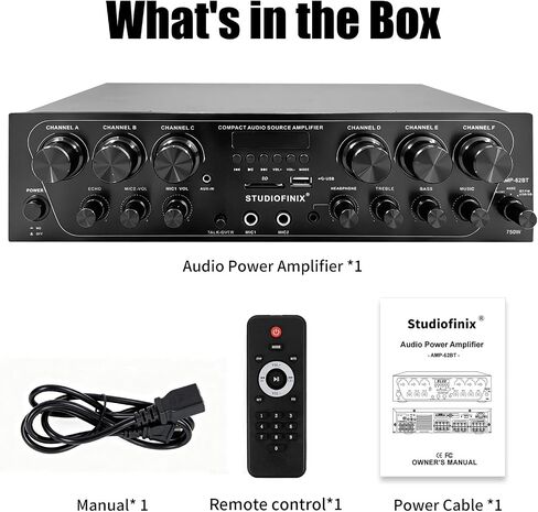 STUDIOFINIX Bluetooth 5.3 Home Amplifier System - 6 Channel 750W Peak Receiver with FM Radio, USB/SD, 2 Mic w/Echo & Talkover, Dual AUX, Headphone, Subwoofer Out for Home Theater Karaoke PA in Kuwait