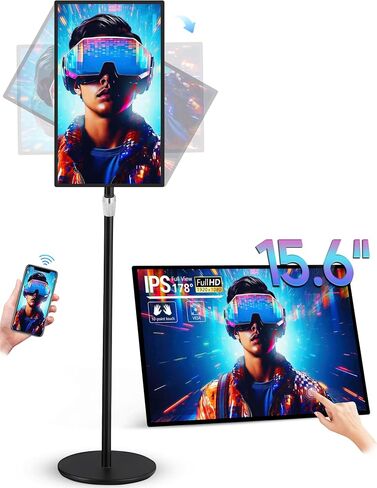 15.6" Digital Signage with Battery, Capacitive Touchscreen Advertising Display, Commercial LCD Monitor with Stand, Auto Play, Wireless Screen Mirroring, Android 13, 2+32GB, Black in Kuwait