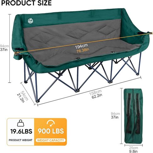 Northroad 3 Person Camping Chair Oversized 900 Lbs Outdoor Lawn Loveseat Chair Padded Folding Chairs for Adults Heavy Duty Soccer Chair w/Cup & Wine Glass Holder for Outside Picnic, Beach, Sports in Saudi Arabia